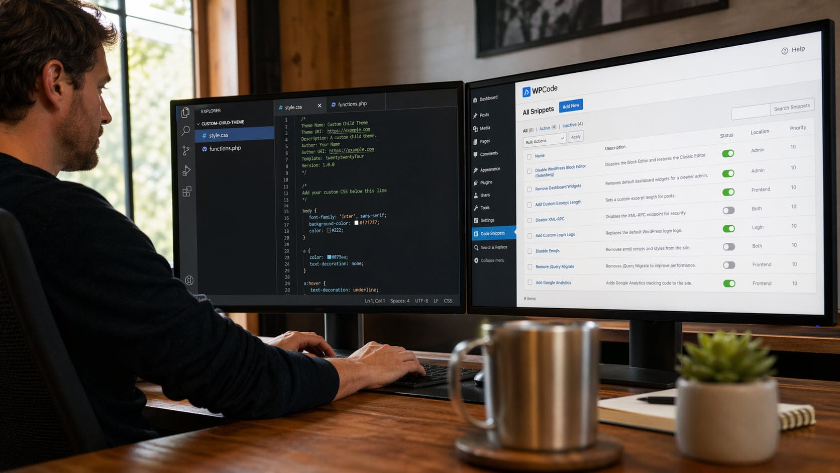 Modern workspace with code and admin interface