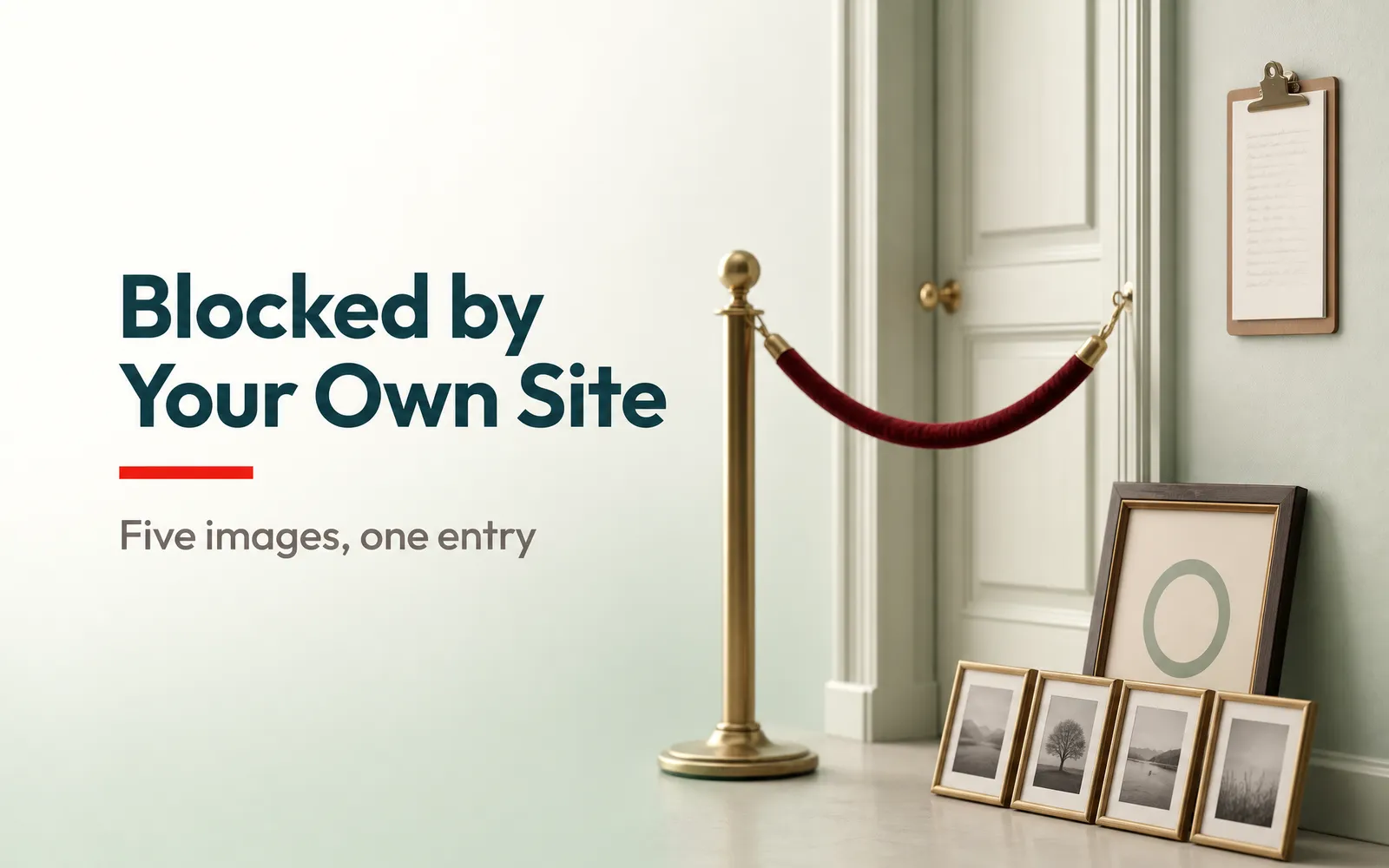 Left Aligned Headline and Subhead on Airy Sage Gradient, Right Side Brass Stanchion and Velvet Rope with Clipboard and Framed Photos Outside the Rope