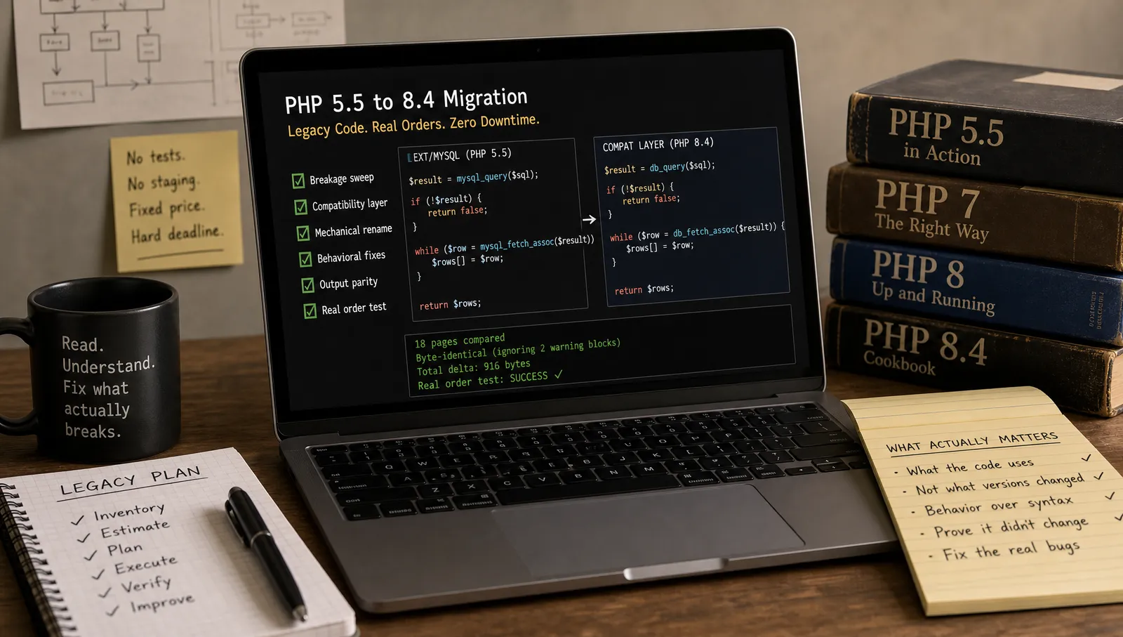Developer Examining Legacy Php Code on Laptop, Stacks of Files and Coffee Nearby